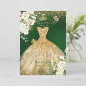 PixDezinesのキンチャネラ用ゴールドグリッターのドレス 緑 招待状 (スタンド正面)