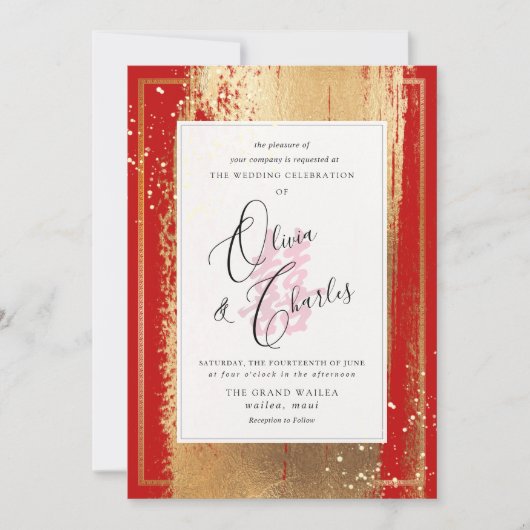 PixDezinesのダブルハピネス、フェイク金ゴールド 招待状 (正面)