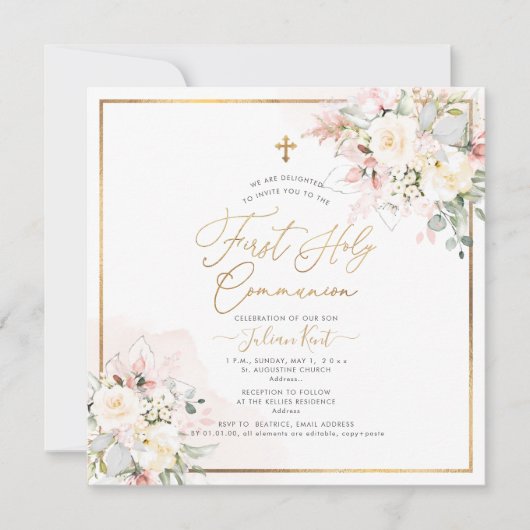 PixDezinesのバラのクリーム色の最初の聖体拝領 招待状 (正面)