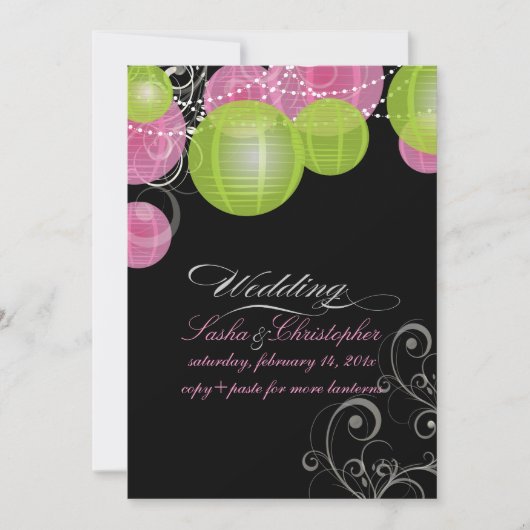 PixDezinesのピンクとグリーンのランタン/DIY背景 招待状 (正面)