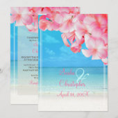 PixDezinesのピンクのプルメリア+ビーチ/トロピカルパラダイス 招待状 (正面/裏面)