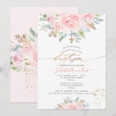 PixDezinesのピンクの水彩ローズの洗礼 招待状 (正面/裏面)
