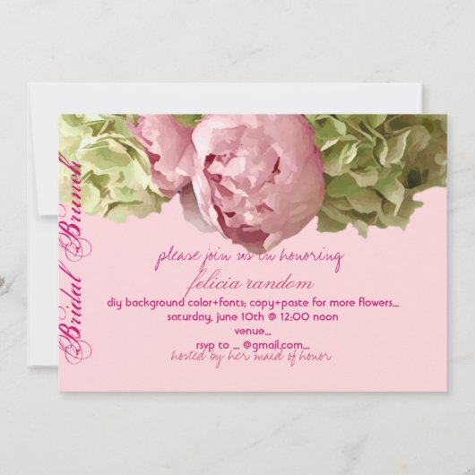 PixDezinesのフューシャ色の芍薬/緑のハイドランジア/DIY 招待状 (裏面)