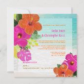 PixDezinesのホットピンクオレンジのハイビスカス+モンステラ 招待状 (裏面)