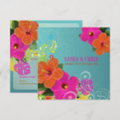 PixDezinesのホットピンクオレンジ色のハイビスカス+モンステラ 招待状 (正面/裏面)