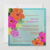 PixDezinesのホットピンクオレンジ色のハイビスカス+モンステラ 招待状 (裏面)