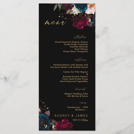 PixDezinesのムーディーなボタニカル ティール アネモネ ワインレッド メニュー (正面)