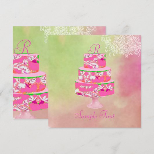 PixDezinesのモノグラム アリス フローラル ケーキ 招待状 (正面/裏面)
