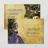 PixDezinesのヴィンテージな孔雀+フィリグリーの渦巻き 出欠カード (正面/裏面)