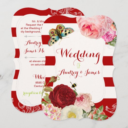 PixDezinesのヴィンテージローズ/ピーコック/プリムローズ 招待状 (正面/裏面)