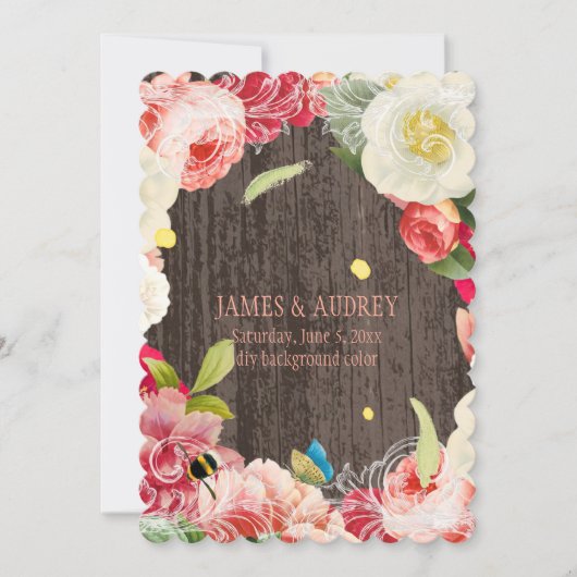 PixDezinesのヴィンテージ ピオニー、バラ/レドート 招待状 (正面)