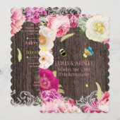 PixDezinesのヴィンテージ ピオニー、バラ/レドート 招待状 (正面/裏面)