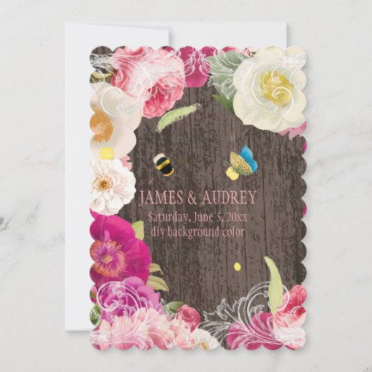 PixDezinesのヴィンテージ ピオニー、バラ/レドート 招待状 (正面)