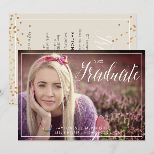 PixDezinesの上品な偽のゴールドコンフェッティ卒業式 招待状 (正面/裏面)