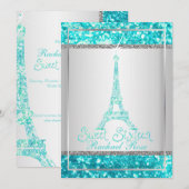 PixDezinesの偽のグリッターが施されたエッフェル塔/アクアブルー/スウィート16 招待状 (正面/裏面)