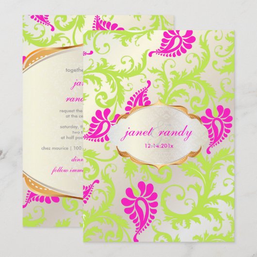 PixDezinesの孔雀のダマスク 招待状 (正面/裏面)