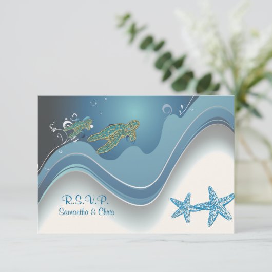 PixDezinesの招待状デザイン「ホヌ+ウェーブス」 出欠カード (スタンド正面)