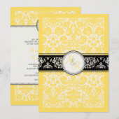 PixDezinesの望み デザインのダマスク/バターカップイエロー 招待状 (正面/裏面)