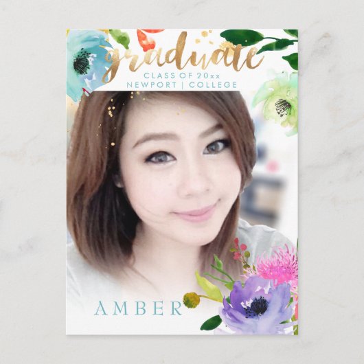 PixDezinesの花の水彩画卒業写真 案内ポストカード (正面)