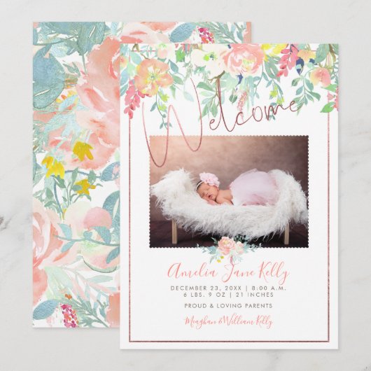 PixDezinesの花柄水彩ベビーお知らせカード 招待状 (正面/裏面)