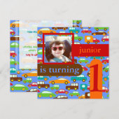 PixDezinesの車とトラックの誕生日/DIYカラー/青 招待状 (正面/裏面)