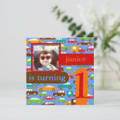 PixDezinesの車とトラックの誕生日/DIYカラー/青 招待状 (スタンド正面)