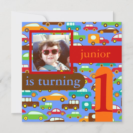 PixDezinesの車とトラックの誕生日/DIYカラー/青 招待状 (正面)