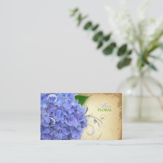 PixDezinesの青いハイドランジア、フラワーデザイナー/ヴィンテージ 名刺 (スタンド正面)