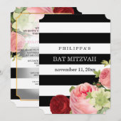 PixDezinesの黒と白のストライプのミツヴァー 招待状 (正面/裏面)