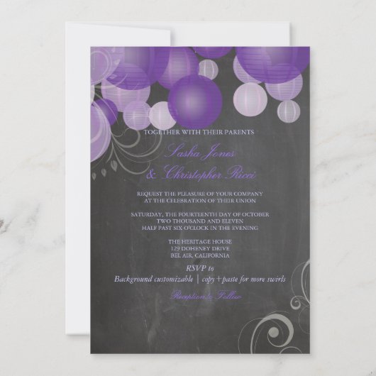 PixDezinesの黒板紫のランタン 招待状 (裏面)