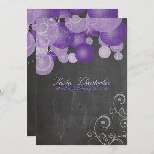 PixDezinesの黒板紫のランタン 招待状 (正面/裏面)