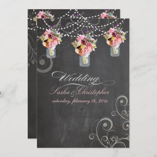 PixDezinesの黒板+メイソンのジャール+野生の花 招待状 (正面/裏面)