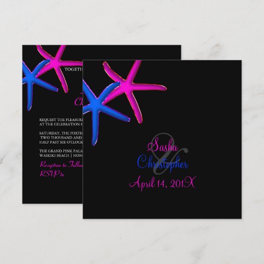 PixDezinesのDIY背景/ネオンスター・フィッシュ/ビーチ 招待状 (正面/裏面)
