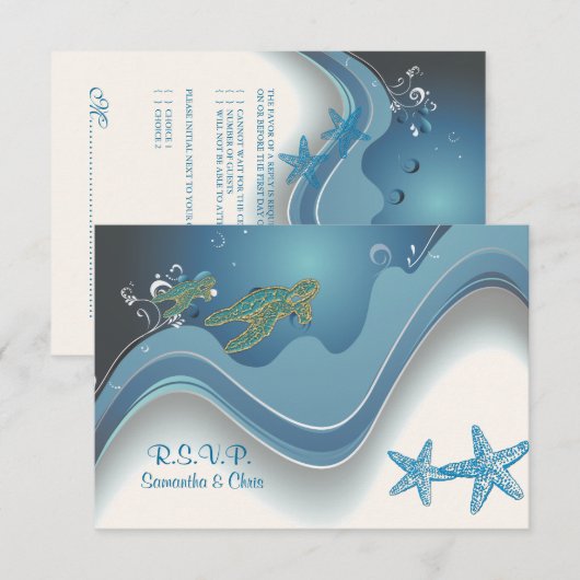 PixDezinesのRSVPデザイン「ホヌ+ウェーブス」 出欠カード (正面/裏面)