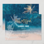 PixDezinesは上に曲がり、ヤシの木、ビーチバー(ユダヤ教の)バル・ミツバー 招待状 (正面/裏面)