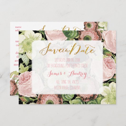 PixDezinesは日付/ヴィンテージバラを保存 案内ポストカード (正面/裏面)