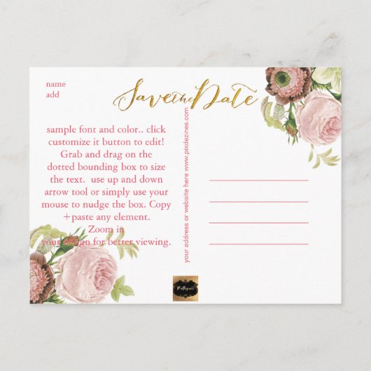 PixDezinesは日付/ヴィンテージバラを保存 案内ポストカード (裏面)