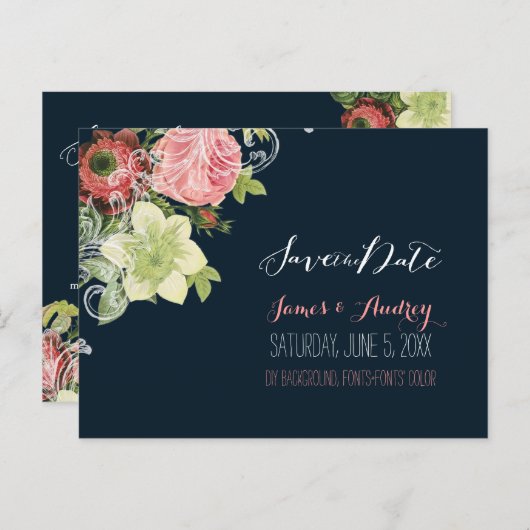 PixDezinesは日付/ヴィンテージバラを保存 案内ポストカード (正面/裏面)