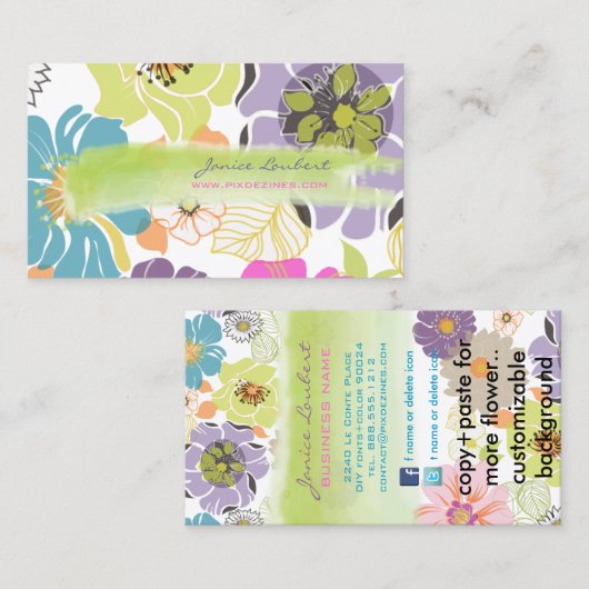 PixDezinesは、レトロな熱帯の花/DIYカラーを新たに追加 名刺 (正面/裏面)