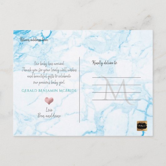 PixDezinesへようこそ男の赤ちゃんフェイク、フォイル+大理石 案内ポストカード (裏面)