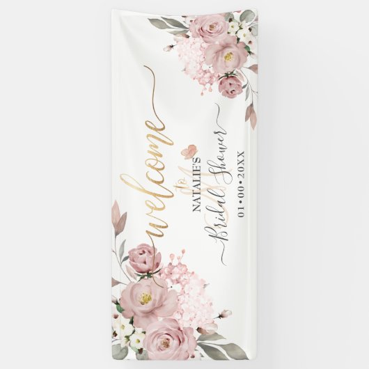 PixDezinesほこりっぽいピンクのバラ水色の花 横断幕 (縦)