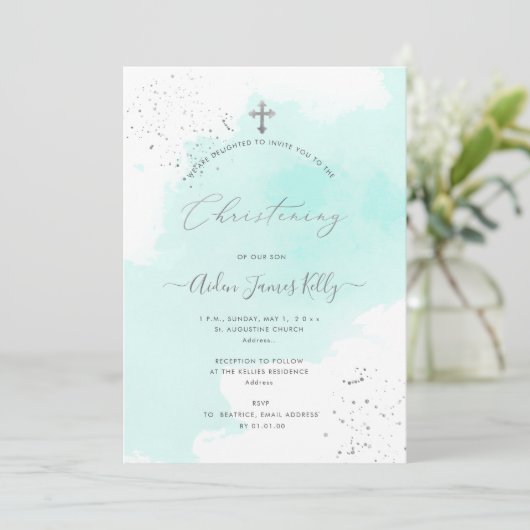 PixDezinesアクアブルーの水彩洗礼 招待状 (スタンド正面)