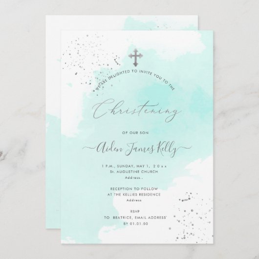 PixDezinesアクアブルーの水彩洗礼 招待状 (正面/裏面)