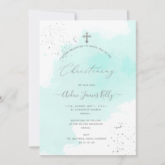 PixDezinesアクアブルーウォーターカラー《キリスト教》洗礼式や命名式 招待状 (正面)