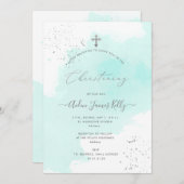 PixDezinesアクアブルーウォーターカラー《キリスト教》洗礼式や命名式 招待状 (正面/裏面)