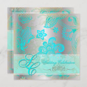 PixDezinesアクアブルーフローラレース+シフェイクルバー 招待状 (正面/裏面)