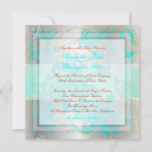 PixDezinesアクアブルーフローラレース+シフェイクルバー 招待状 (裏面)