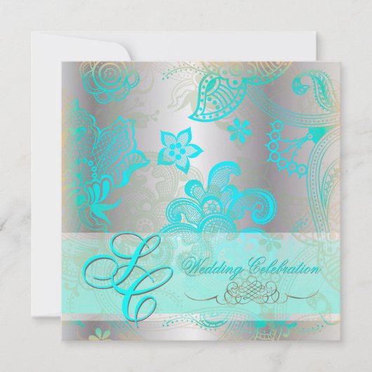 PixDezinesアクアブルーフローラレース+シフェイクルバー 招待状 (正面)