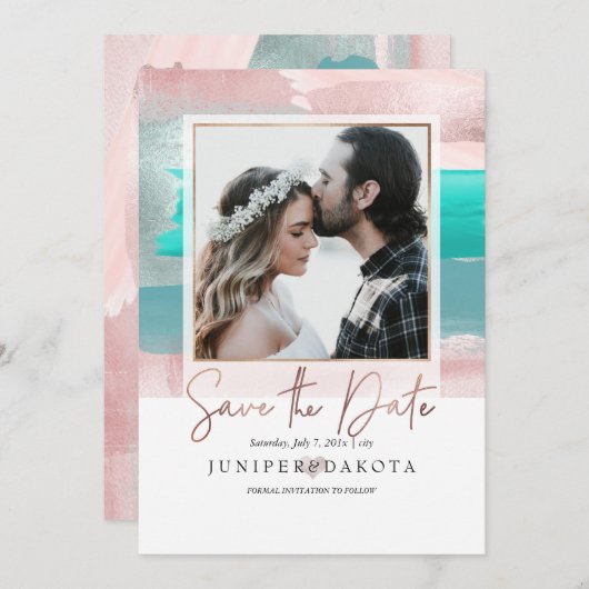 PixDezinesアモダンート、バラ金ゴールドティール(緑がかった色)アクア 招待状 (正面/裏面)