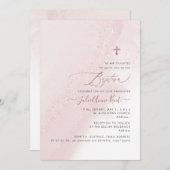 PixDezinesアルコール赤面ピンクローズ金ゴールドバプテスマ 招待状 (正面/裏面)